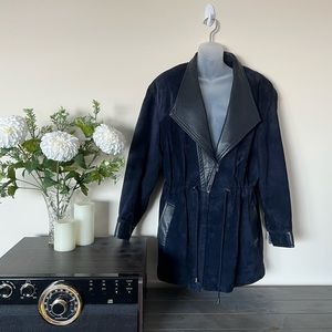 Lg navy leather and suede Danielle batwing heavy fall jacket